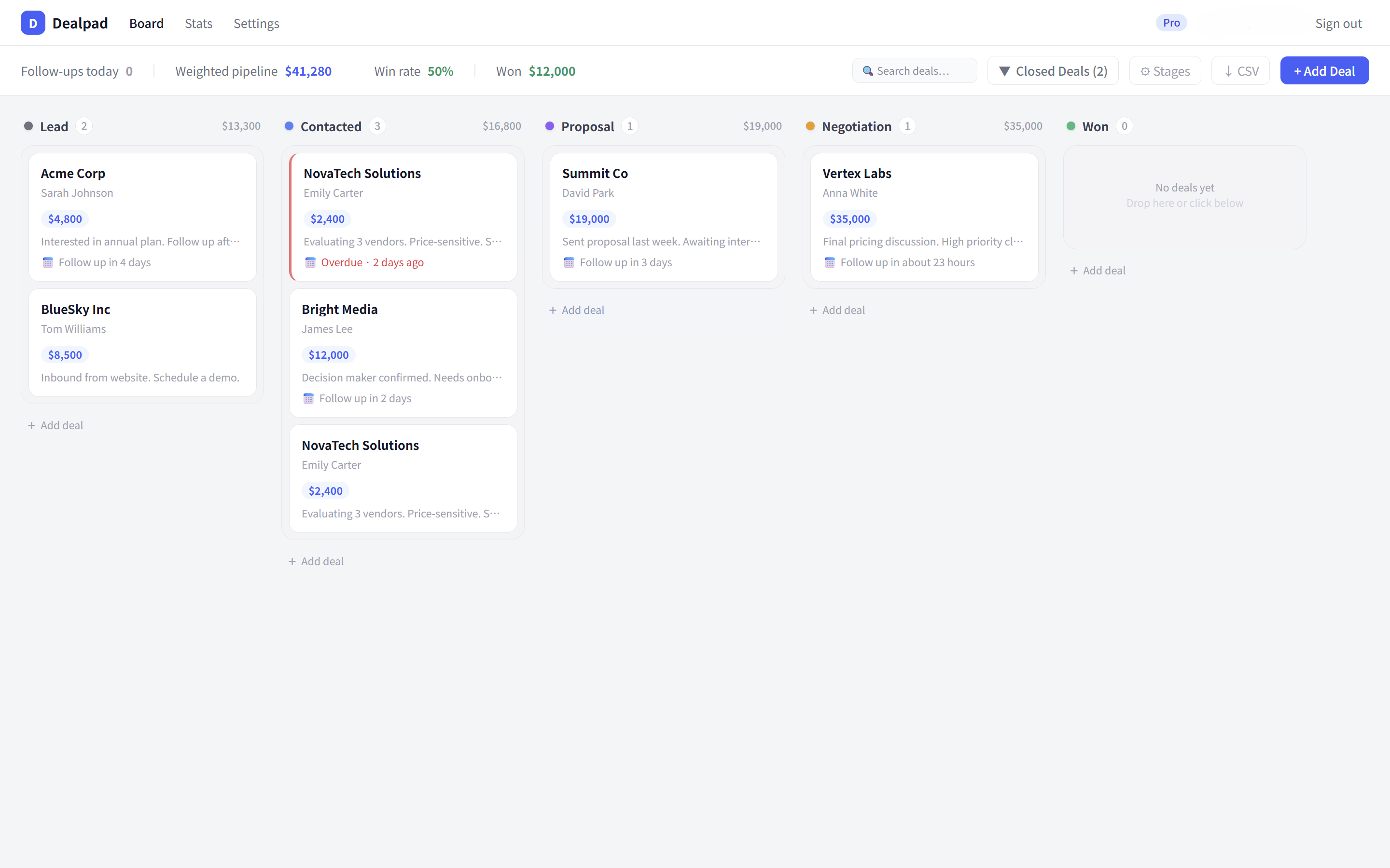 Dealpad board screenshot